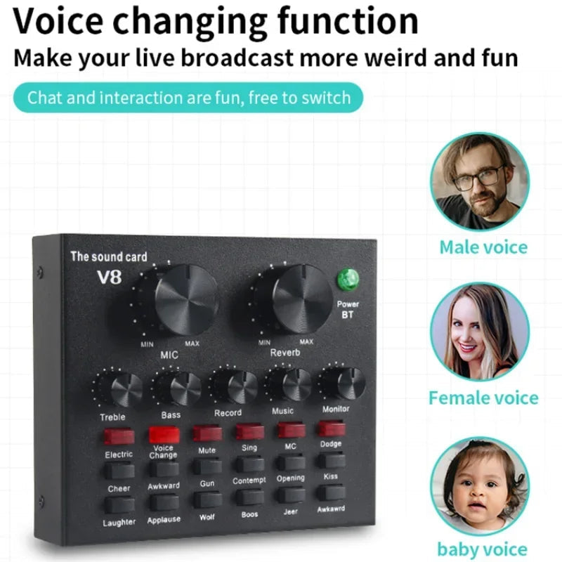 V8 Professional Sound Card – Live Streaming Audio Interface with Voice Changer