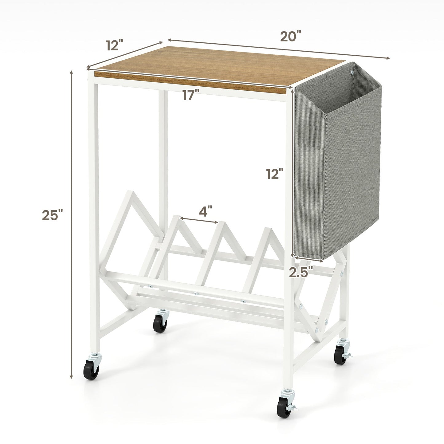 Rolling Record Player Stand 2-Tier with Vinyl Storage and Magazine Holder Bag