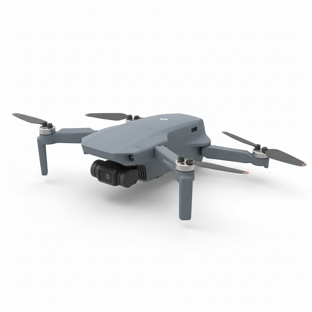 DJI Mini 3 drone with solid slate grey skin, angled side view on white background