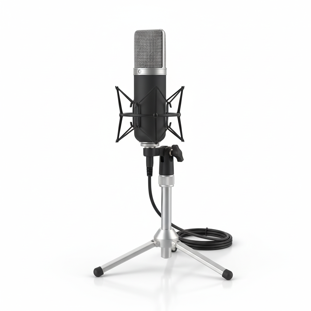 Professional condenser studio recording microphone with tripod on white background