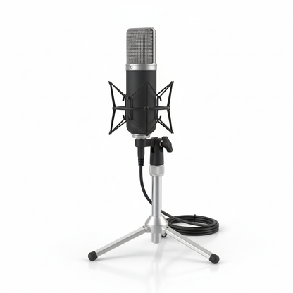 Professional condenser studio recording microphone with tripod on white background